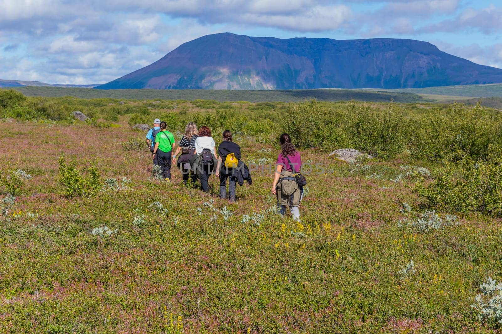 Godafoss, Iceland: August 1, 2023: Tourists hiking near the Godafoss Waterfall, North Iceland, Iceland