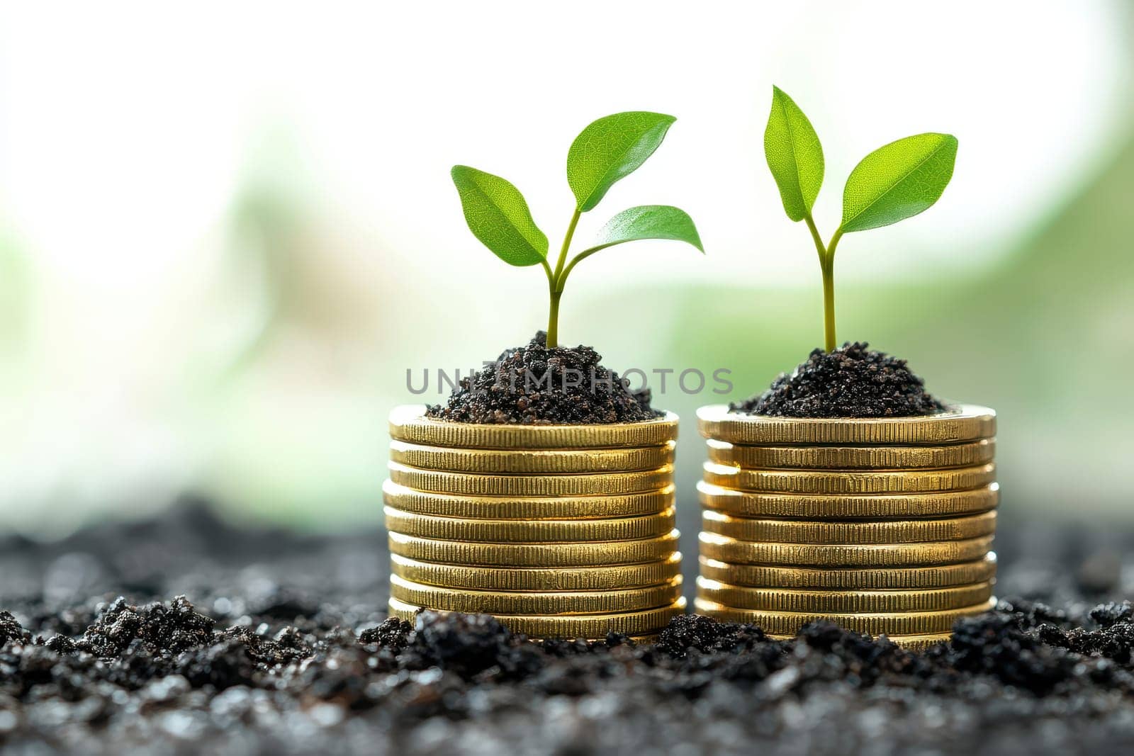 A tiny tree sprouting on top of coin stacks represents saves, investment, and financial expansion against a conceptually vibrant backdrop..