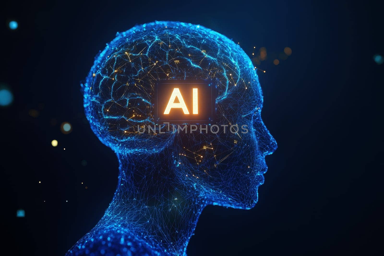 digital human brain with glowing neural network and AI text, symbolizing artificial intelligence, machine learning, and futuristic technology in deep blue cyber environment..