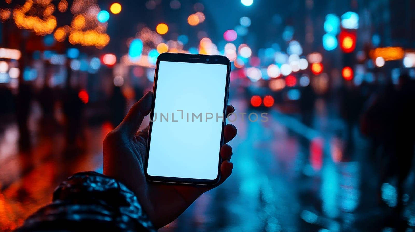 Hand holding blank white Smartphone screen for mockup on night city background..