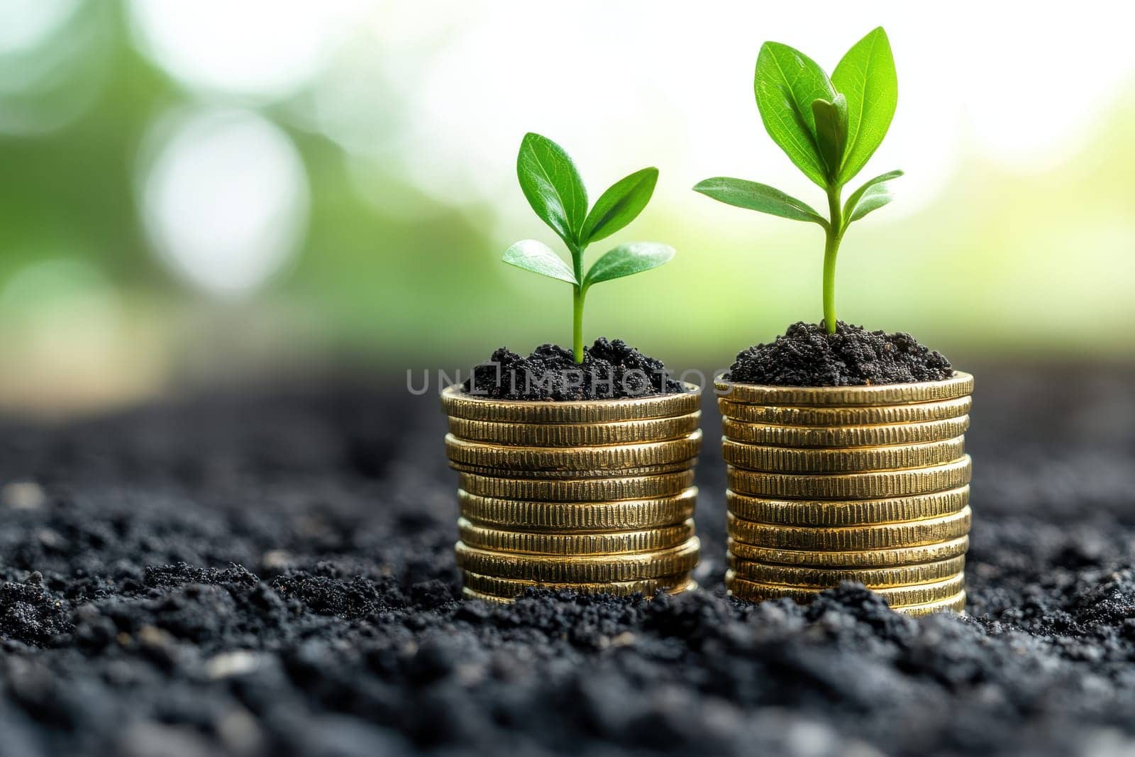 A tiny tree sprouting on top of coin stacks represents saves, investment, and financial expansion against a conceptually vibrant backdrop..