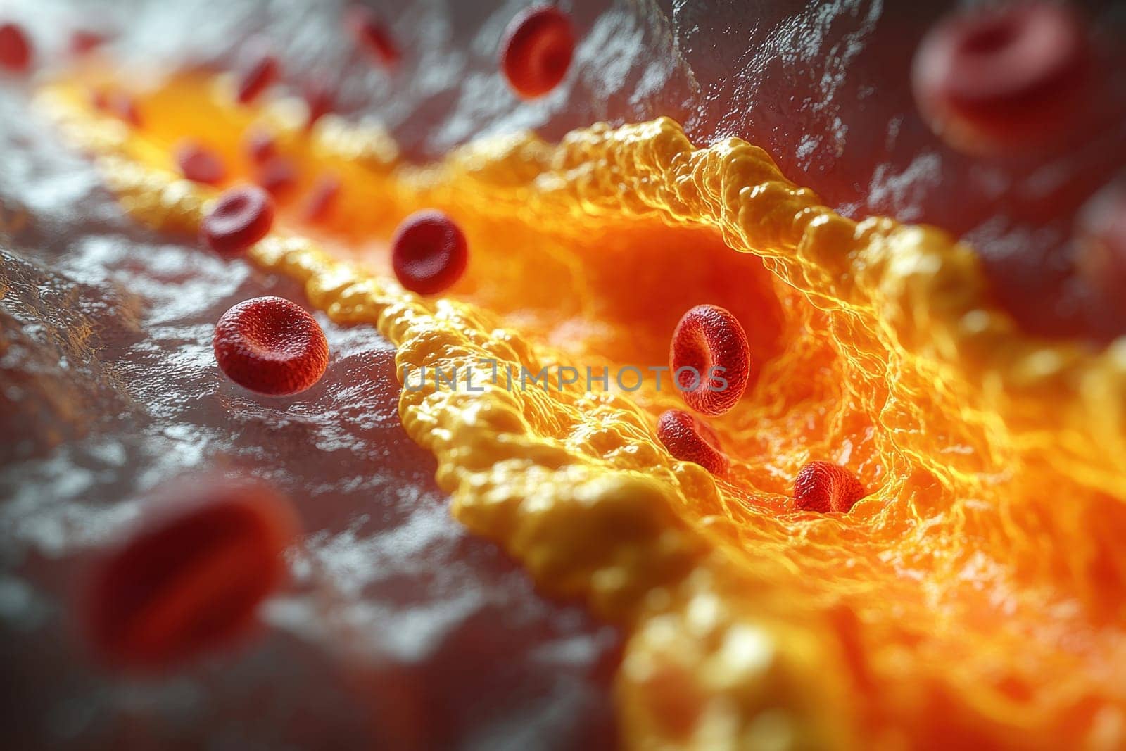 Detailed close-up of cholesterol plaque buildup in an artery, illustrating blood flow obstruction with red blood cells and lipid deposits..