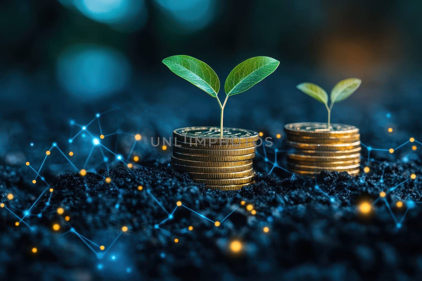 digital network with A tiny tree sprouting on top of coin stacks represents saves, investment, and financial expansion against a conceptually vibrant backdrop..