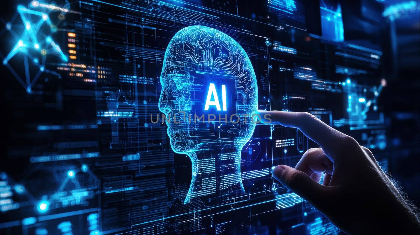 Businessman touching a digital hologram of an human head AI symbol icon with the text AI on a virtual screen..