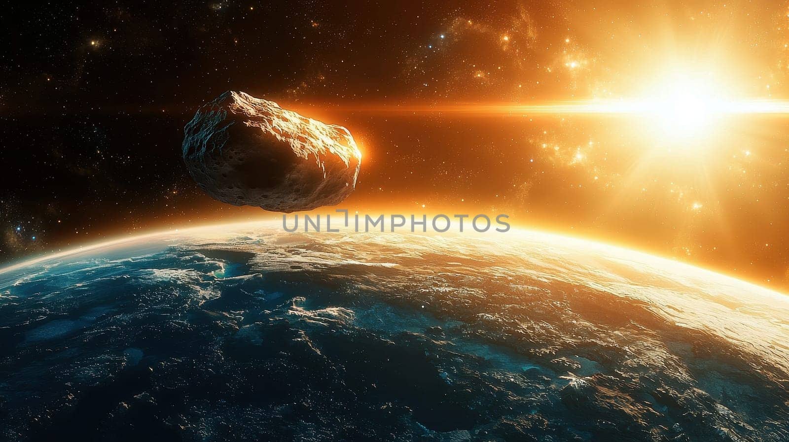 Asteroid in space near Earth. Big asteroid on orbit of Earth planet with sun light. Elements of this image furnished by NASA.