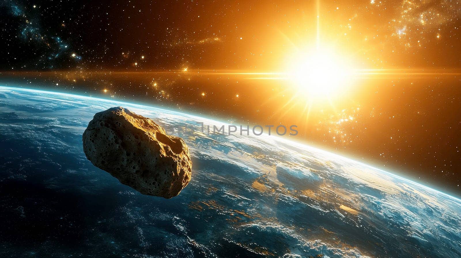 Asteroid in space near Earth. Big asteroid on orbit of Earth planet with sun light. Elements of this image furnished by NASA.