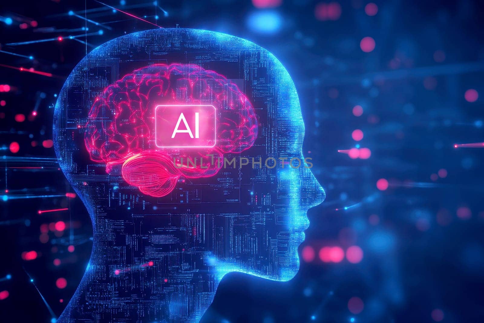 digital human brain with glowing neural network and AI text, symbolizing artificial intelligence, machine learning, and futuristic technology in deep blue cyber environment..