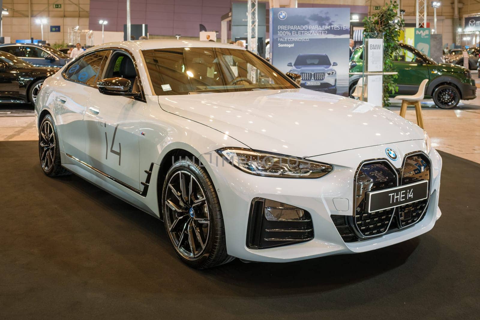 Lisbon, Portugal - May 12, 2023: BMW i4 electric car on display at ECAR SHOW - Hybrid and Electric Motor Show