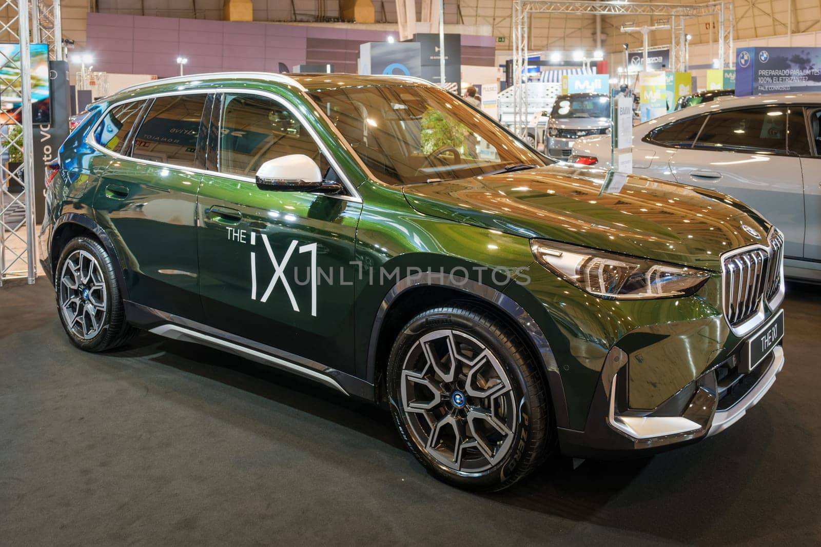Lisbon, Portugal - May 12, 2023: BMW iX1 electric car on display at ECAR SHOW - Hybrid and Electric Motor Show