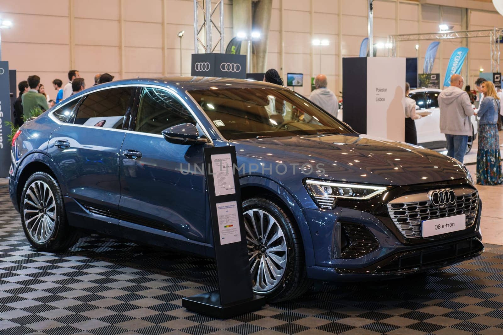 Lisbon, Portugal - May 12, 2023: Audi Q8 e-tron 50 electric car on display at ECAR SHOW - Hybrid and Electric Motor Show