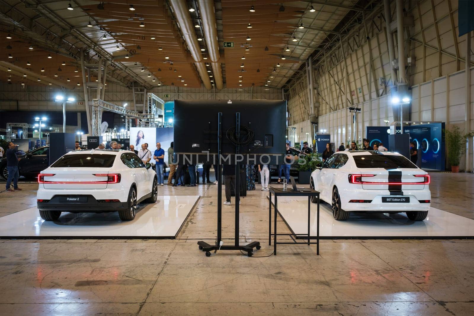 Lisbon, Portugal - May 12, 2023: Polestar 2 and Polestar 2 BST Edition 270 electric car on display at ECAR SHOW - Hybrid and Electric Motor Show