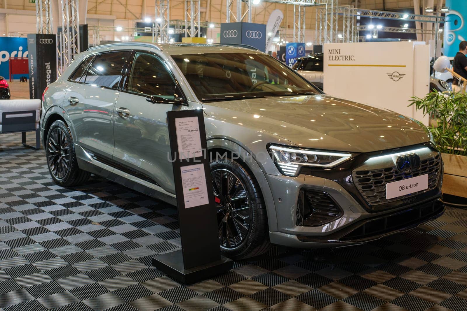 Lisbon, Portugal - May 12, 2023: Audi Q8 e-tron 55 electric car on display at ECAR SHOW - Hybrid and Electric Motor Show