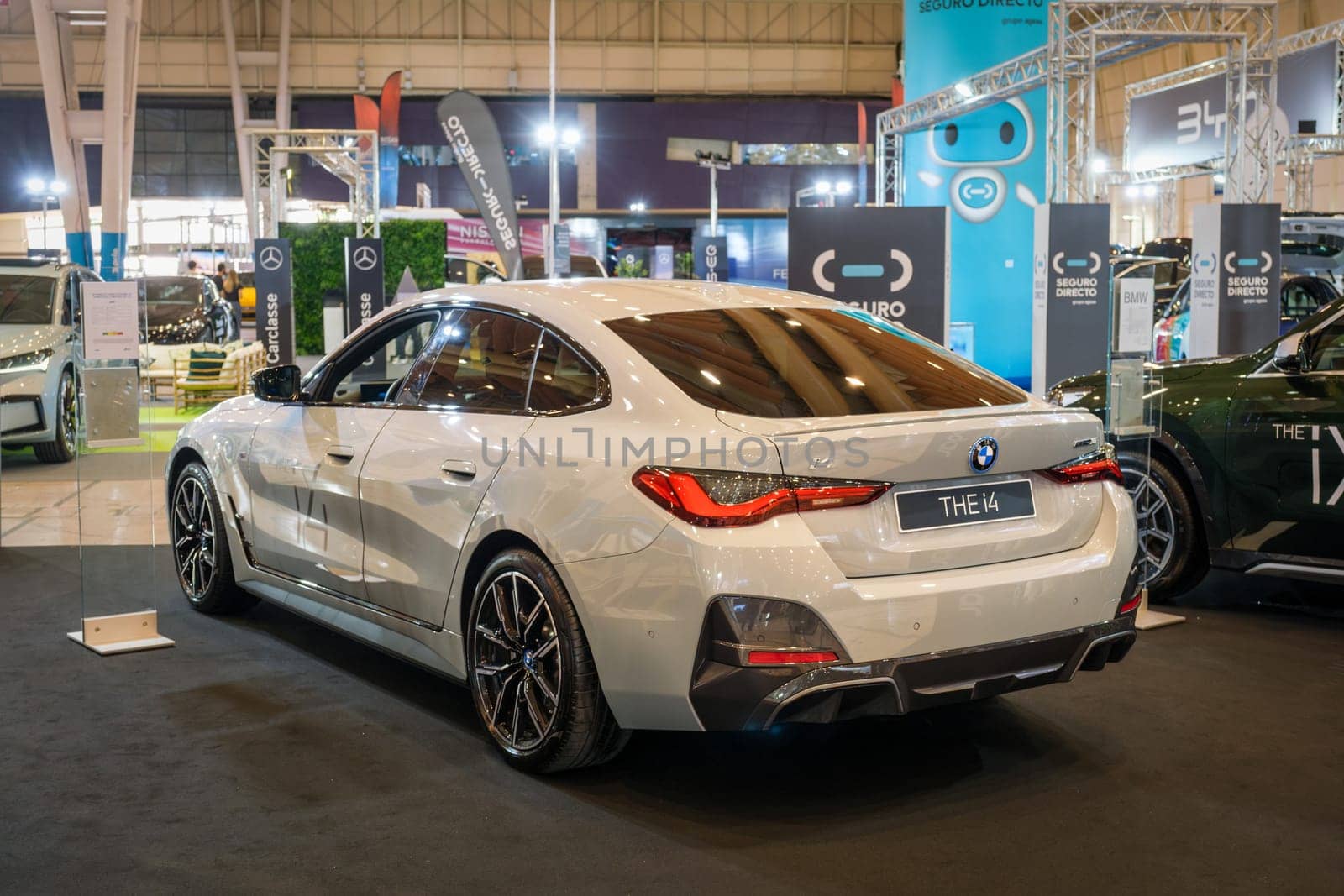 Lisbon, Portugal - May 12, 2023: BMW i4 electric car on display at ECAR SHOW - Hybrid and Electric Motor Show