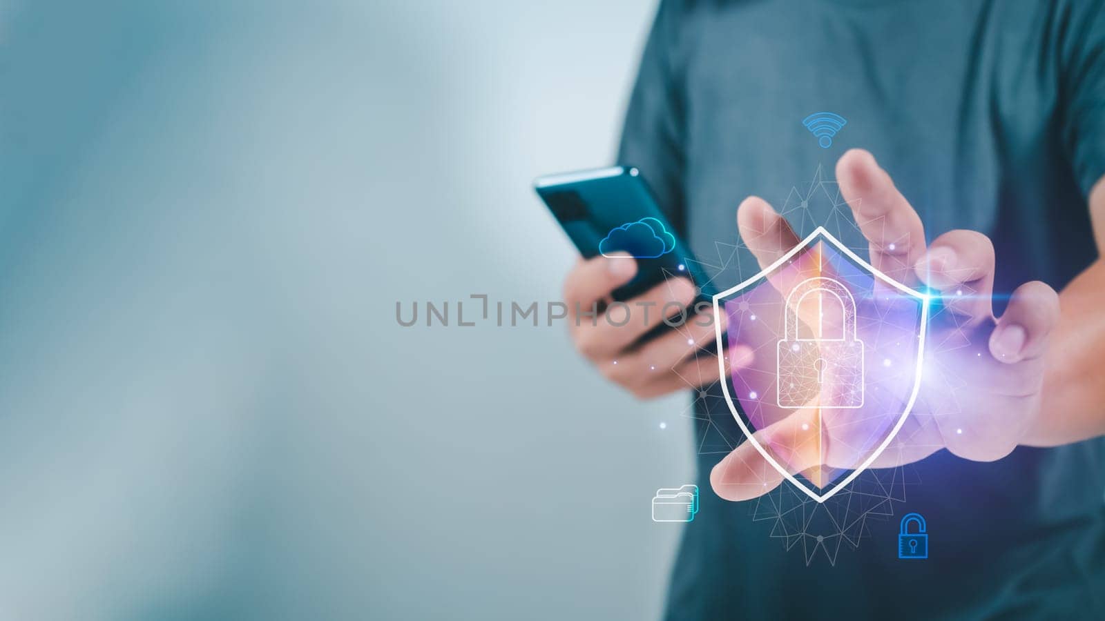 Human using smartphone secure encryption technology, cybersecurity privacy of data protection, security Internet access, security encryption of user private data, business confidentiality.