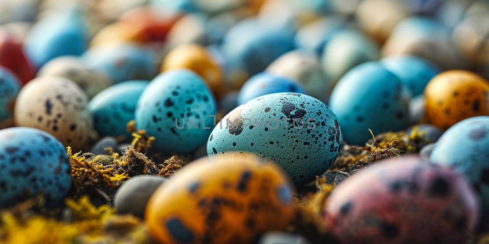 Easter background with coloured eggs. AI generative.
