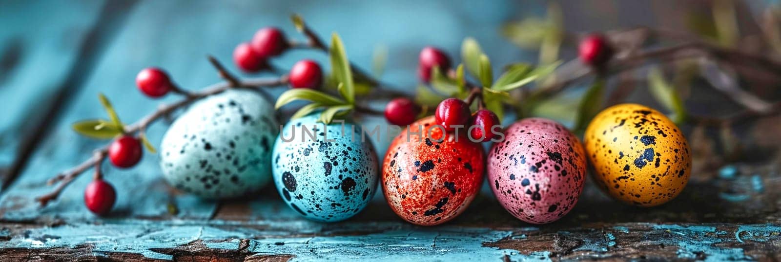 Easter background with coloured eggs. AI generative.