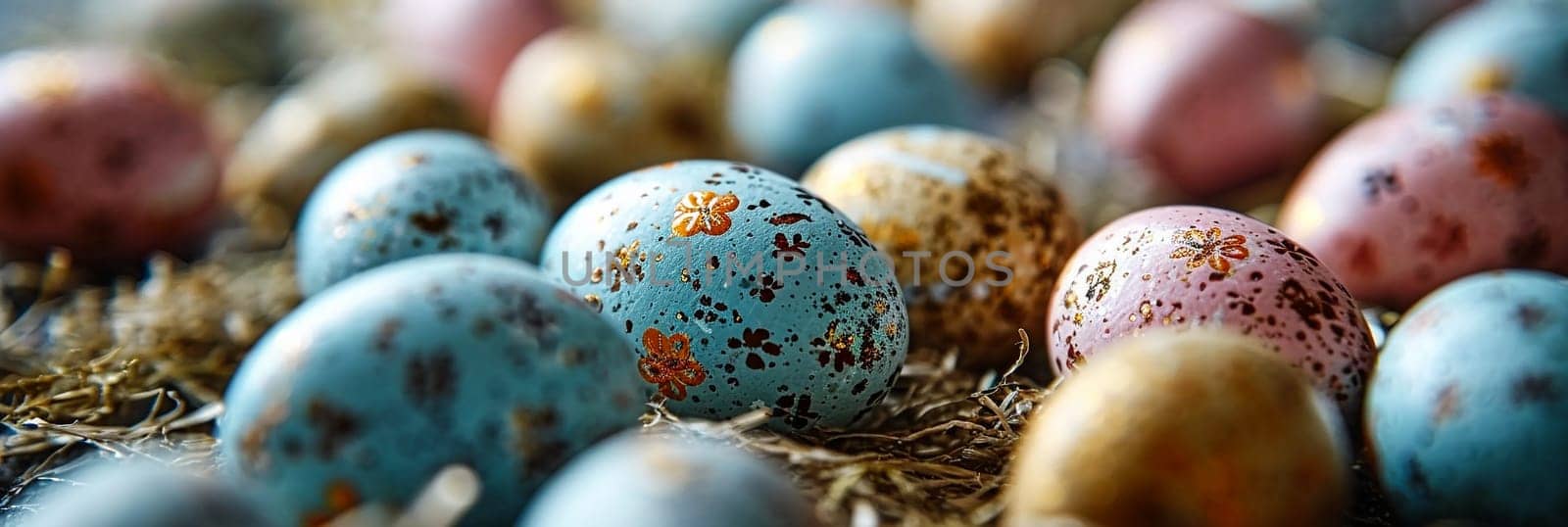 Easter background with coloured eggs. AI generative.