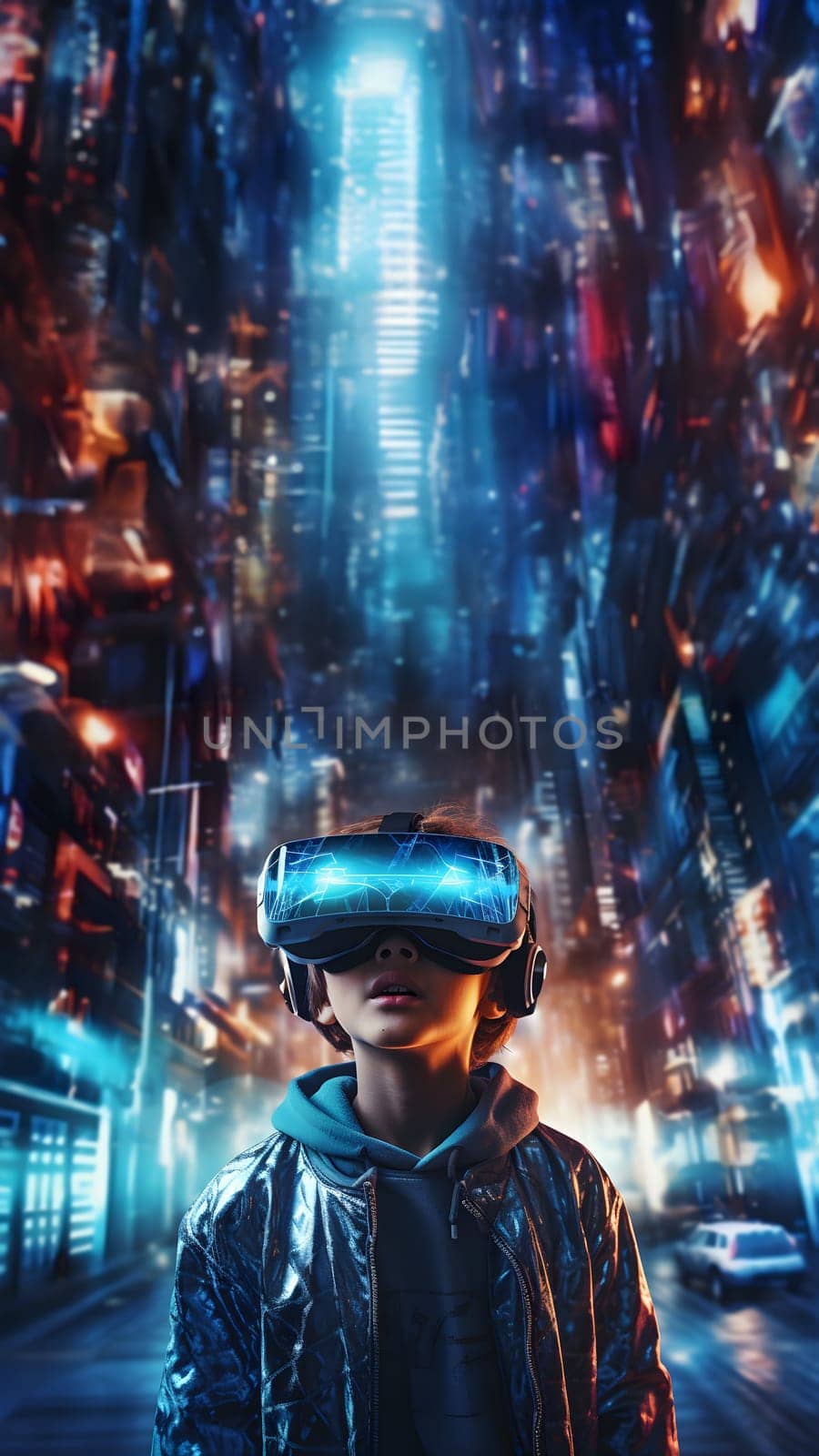 Digital illustration of a boy wearing VR glasses. The background is a blurry city with blue lights. It refers to the use of VR technology to create new experiences in learning or playing games.