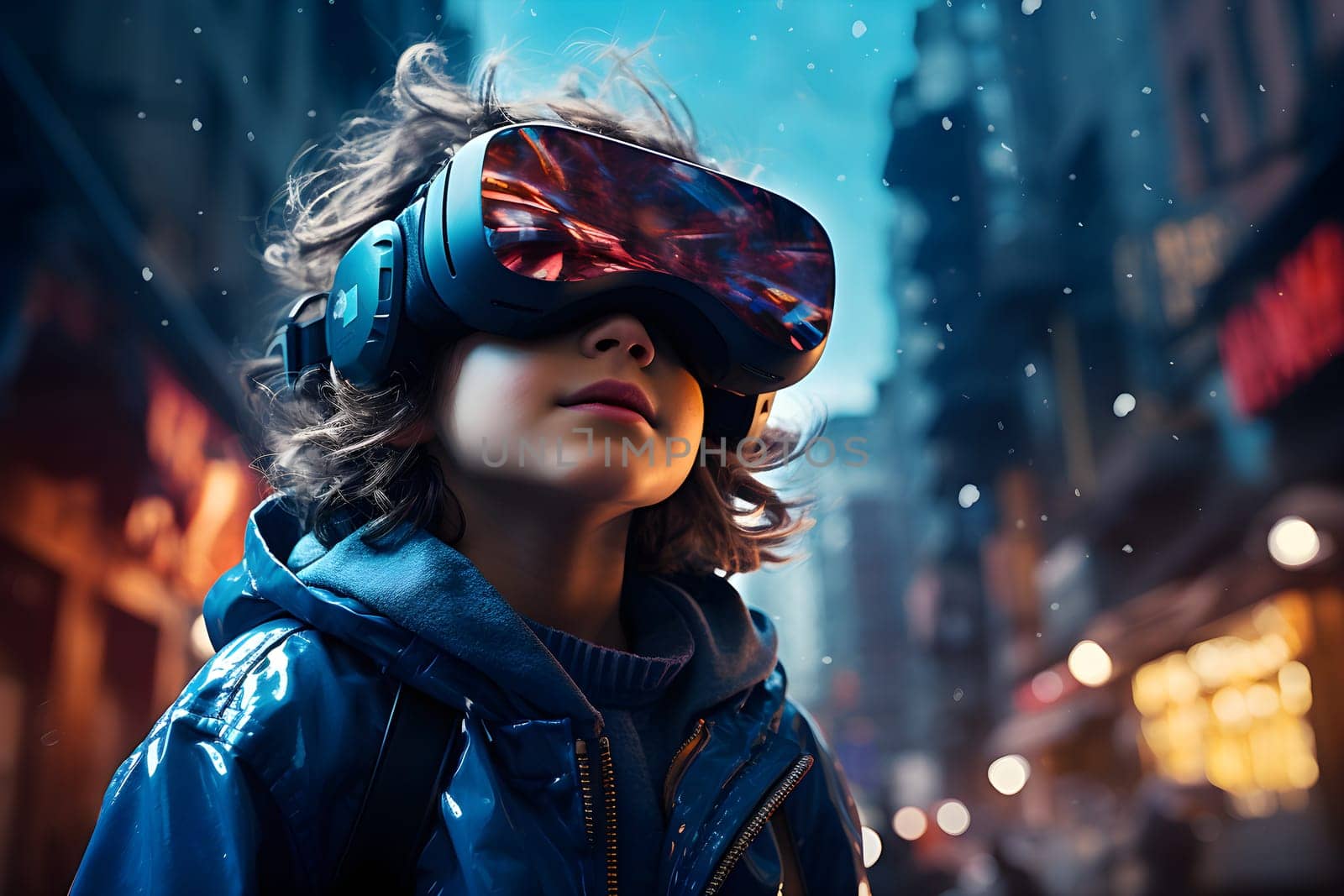 Digital illustration of a boy wearing VR glasses. The background is a blurry city with blue lights. It refers to the use of VR technology to create new experiences in learning or playing games.