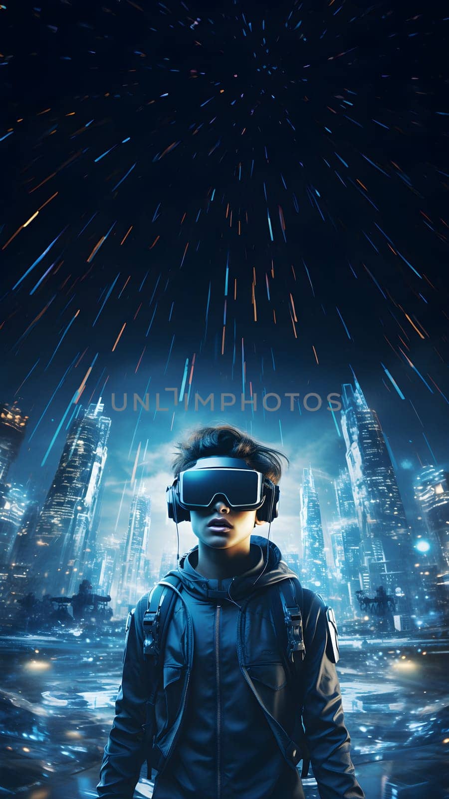 Digital illustration of a boy wearing VR glasses. The background is a blurry city with blue lights. It refers to the use of VR technology to create new experiences in learning or playing games.