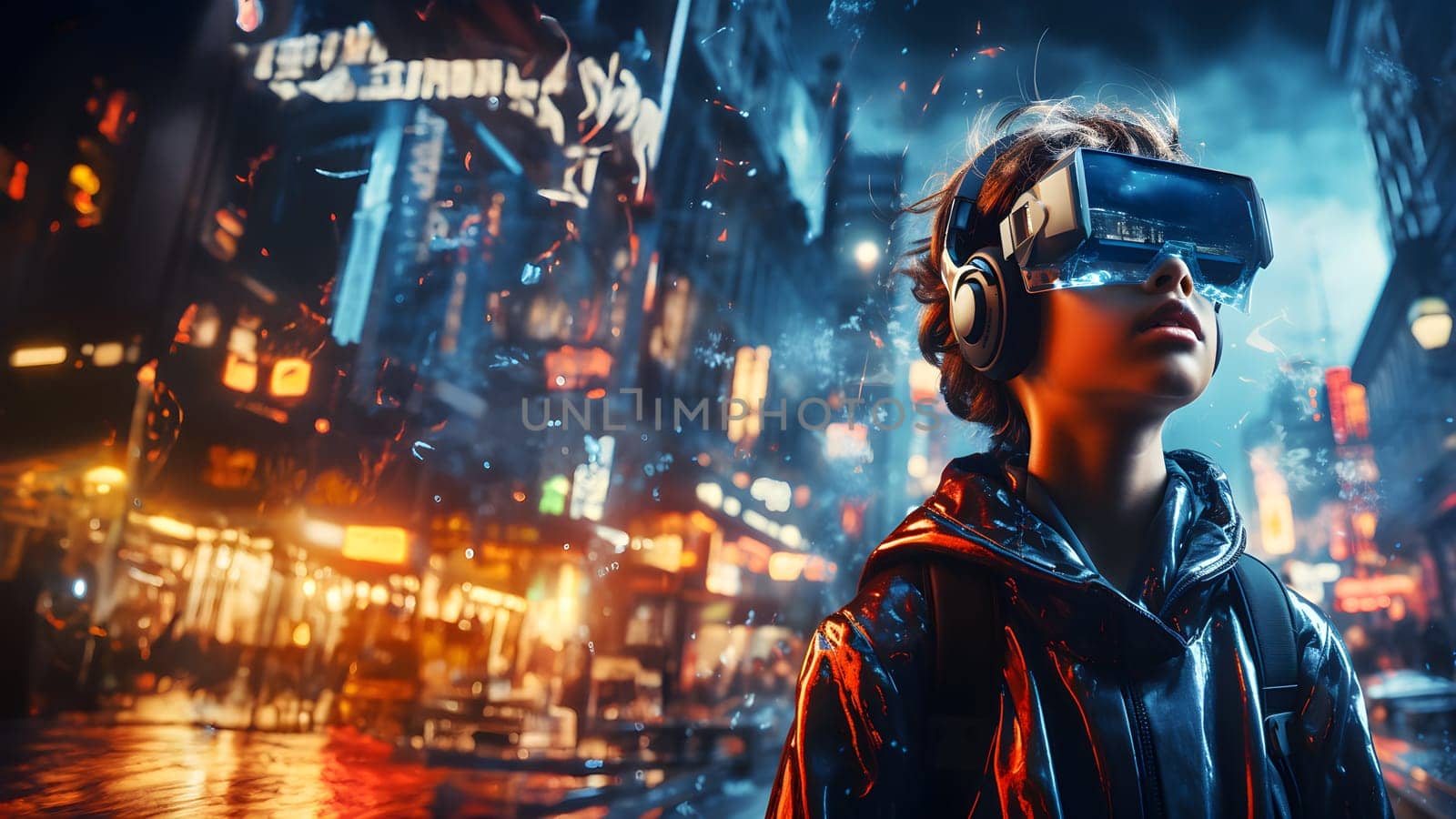 Digital illustration of a boy wearing VR glasses. The background is a blurry city with blue lights. It refers to the use of VR technology to create new experiences in learning or playing games.