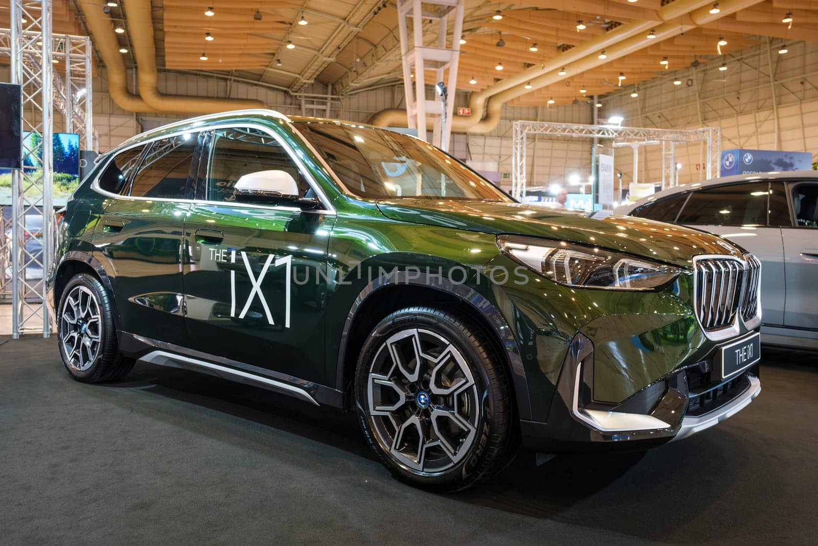Lisbon, Portugal - May 12, 2023: BMW iX1 electric car on display at ECAR SHOW - Hybrid and Electric Motor Show