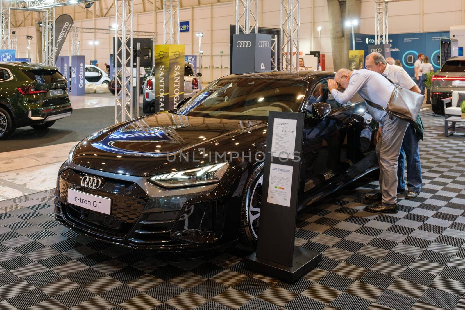 Lisbon, Portugal - May 12, 2023: Audi e-tron GT quattro electric car on display at ECAR SHOW - Hybrid and Electric Motor Show