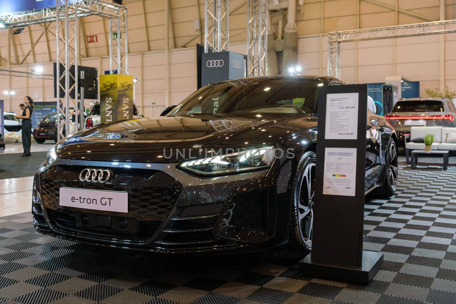 Lisbon, Portugal - May 12, 2023: Audi e-tron GT quattro electric car on display at ECAR SHOW - Hybrid and Electric Motor Show