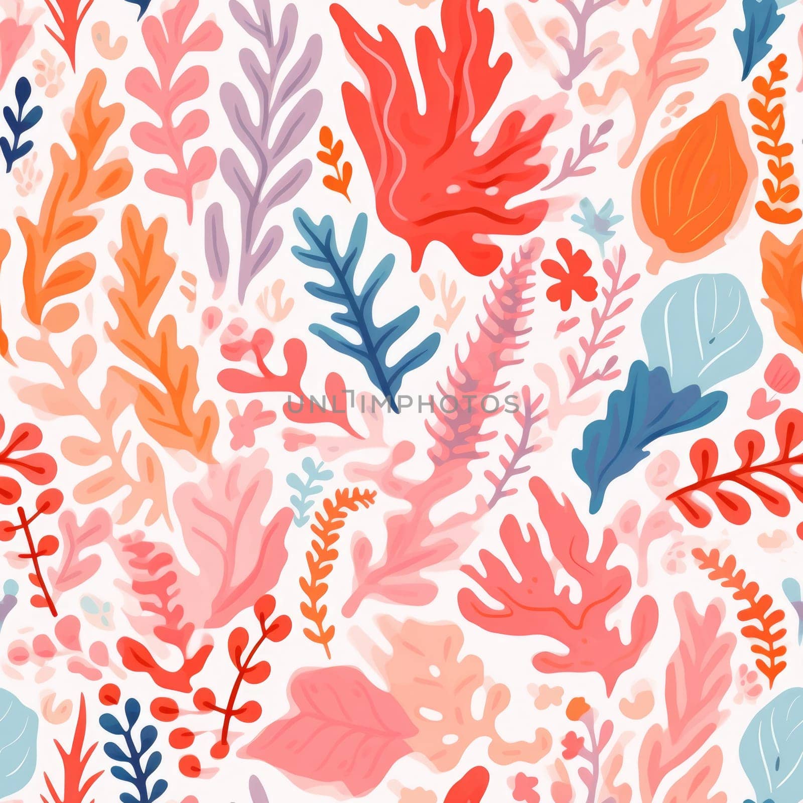 seamless colorful fun pattern of coral and leaves, ai