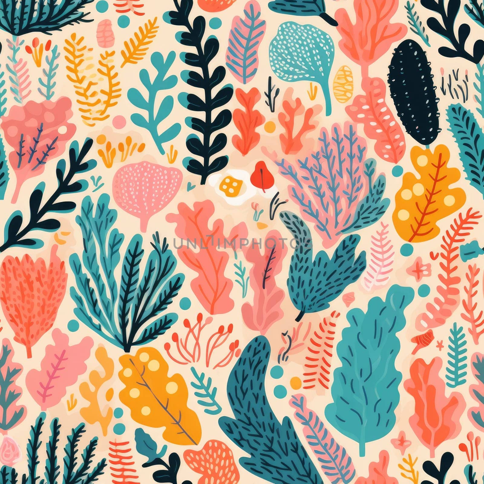 seamless colorful fun pattern of coral and leaves, ai