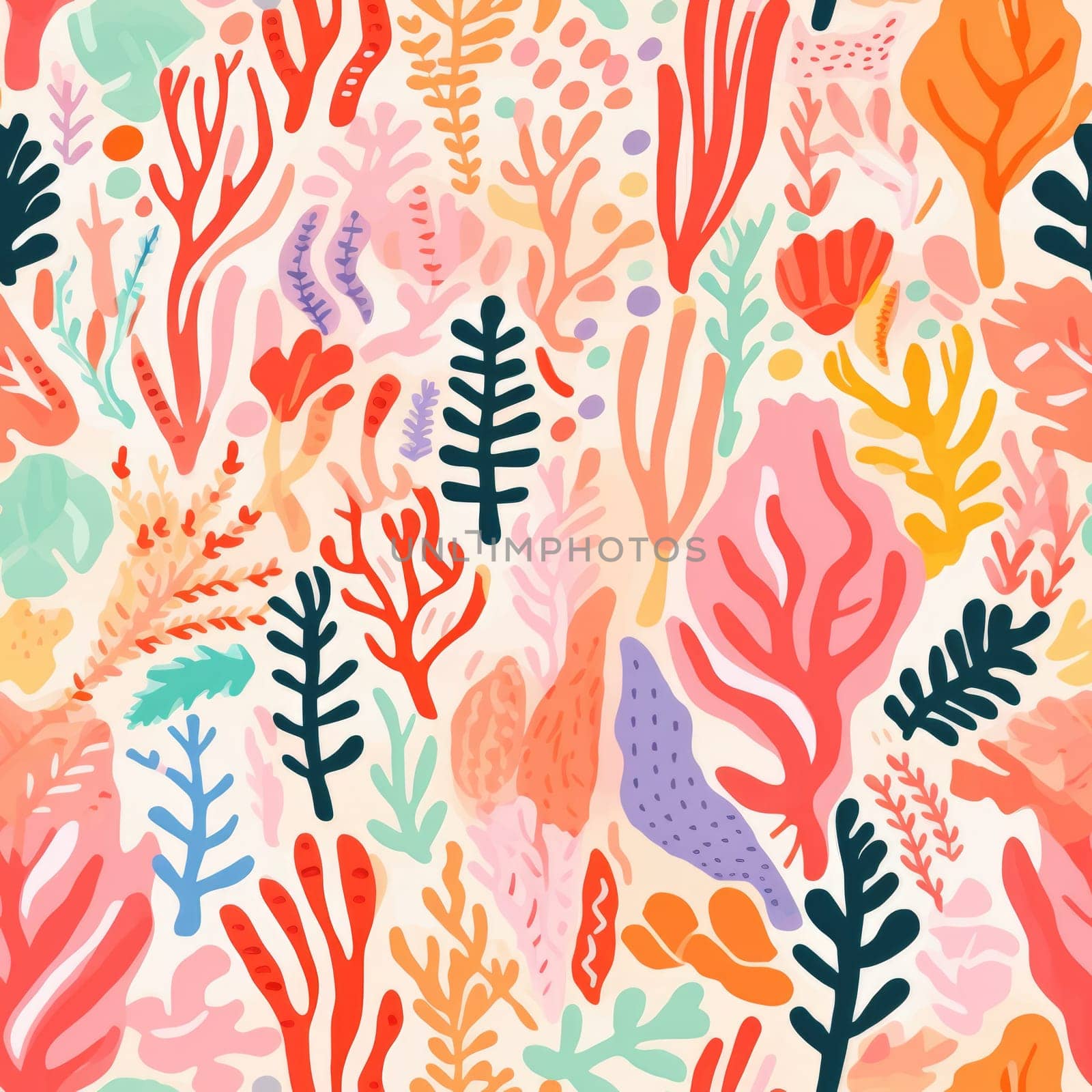 seamless colorful fun pattern of coral and leaves, ai