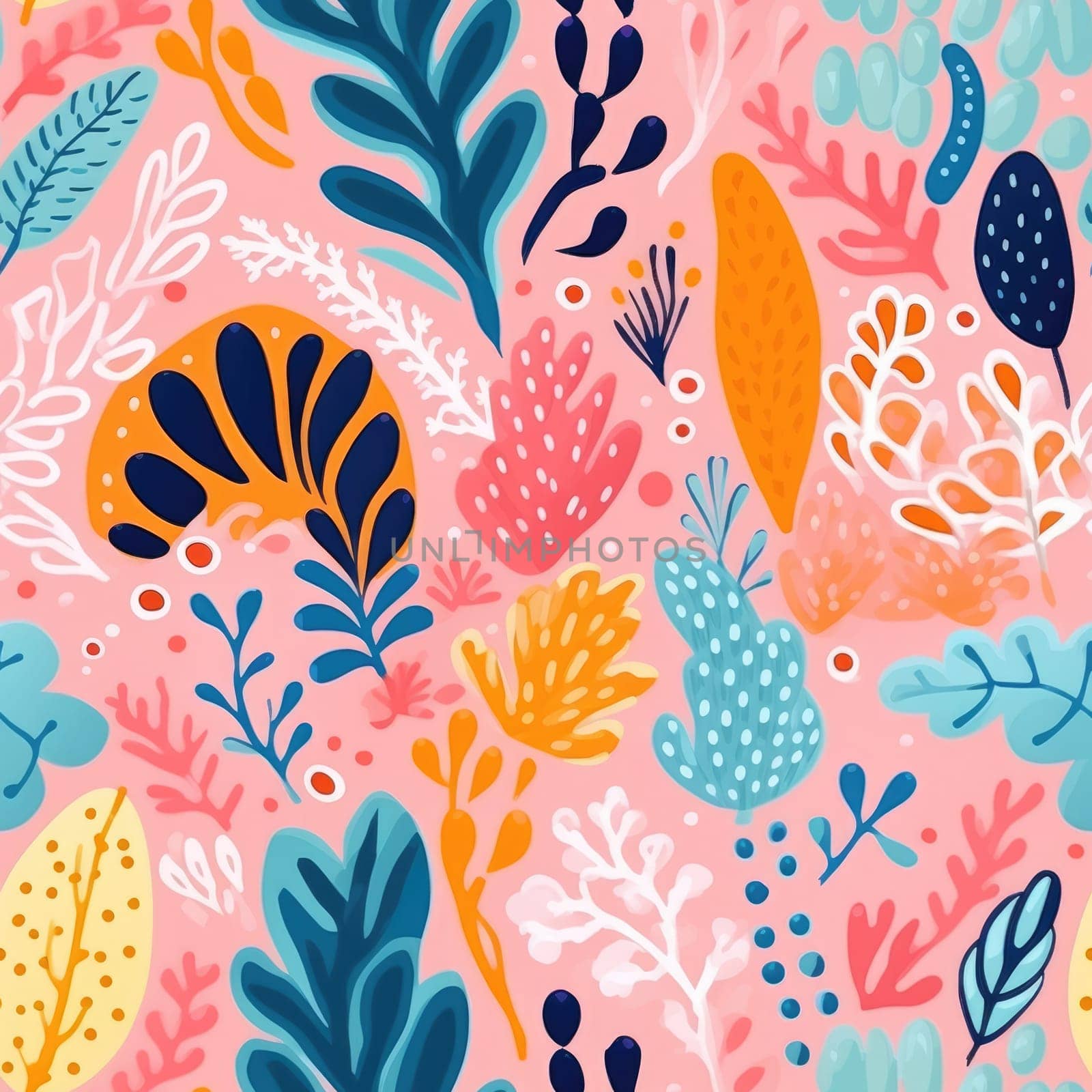 seamless colorful fun pattern of coral and leaves, ai