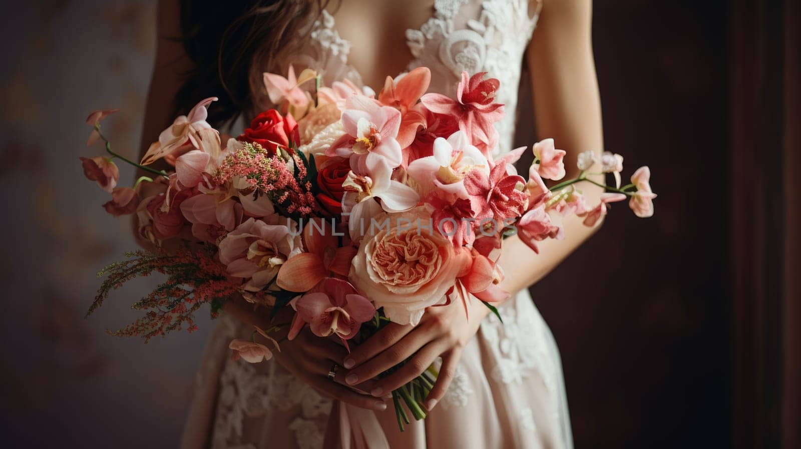 woman holding a wedding bouquet flowers, ai