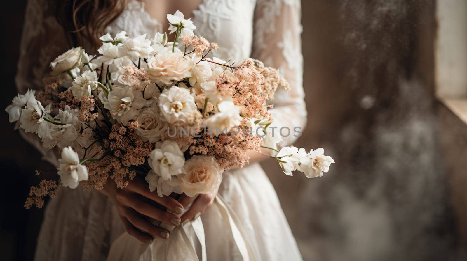 woman holding a wedding bouquet flowers, ai