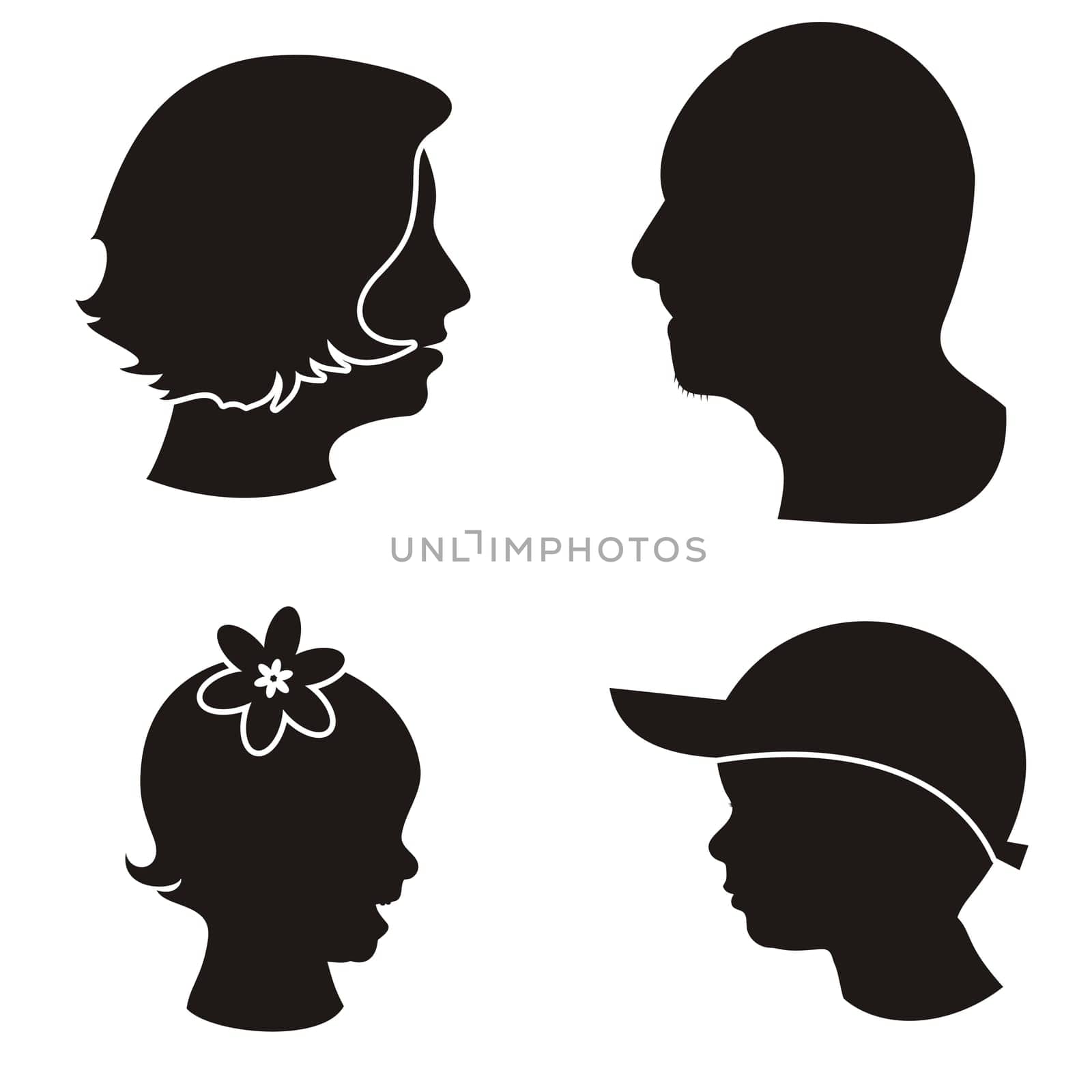 Set of black family members heads silhouettes on white background