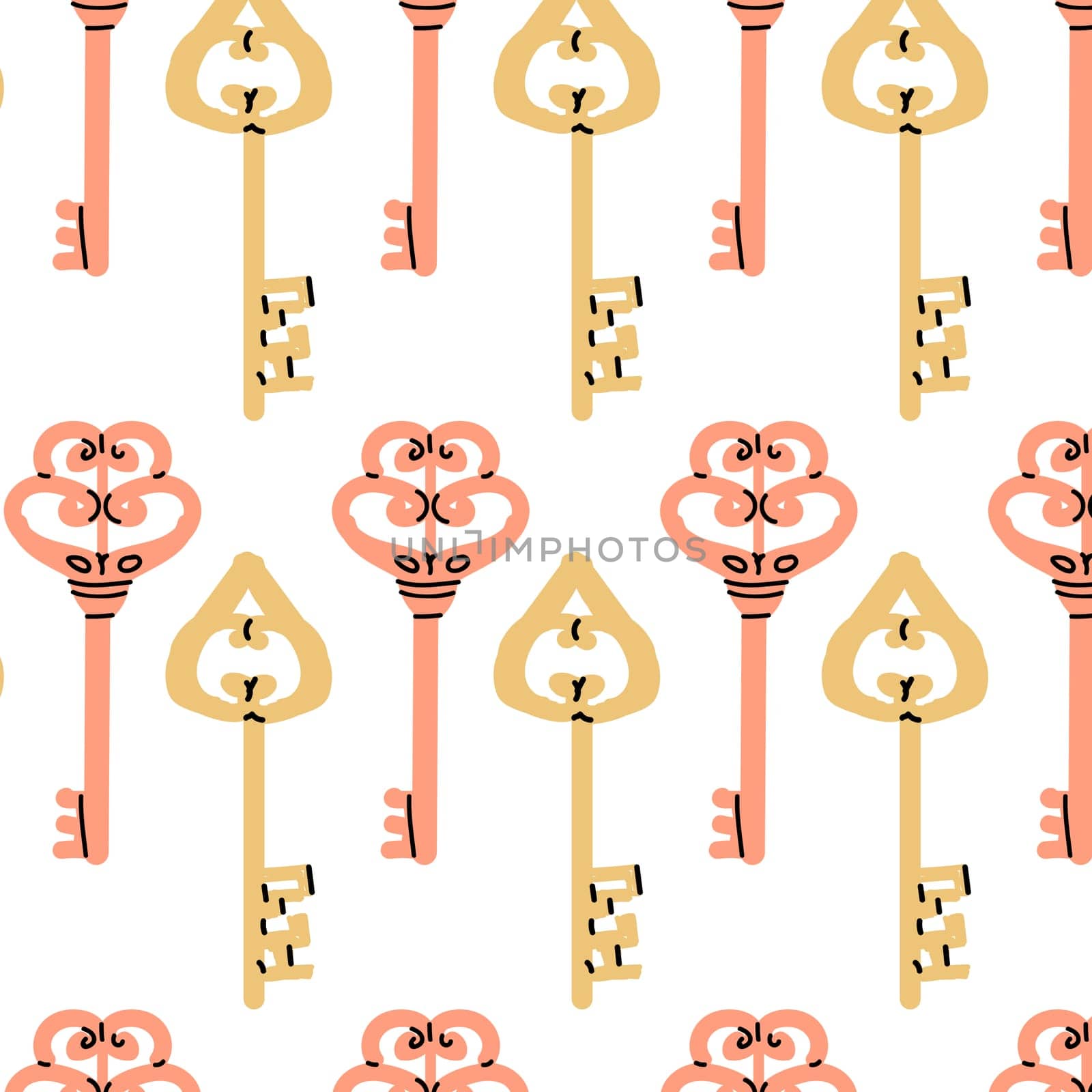 Vintage keys seamless background in pink and yellow colors. Vector illustration isolated. Cartoon keys in retro style.