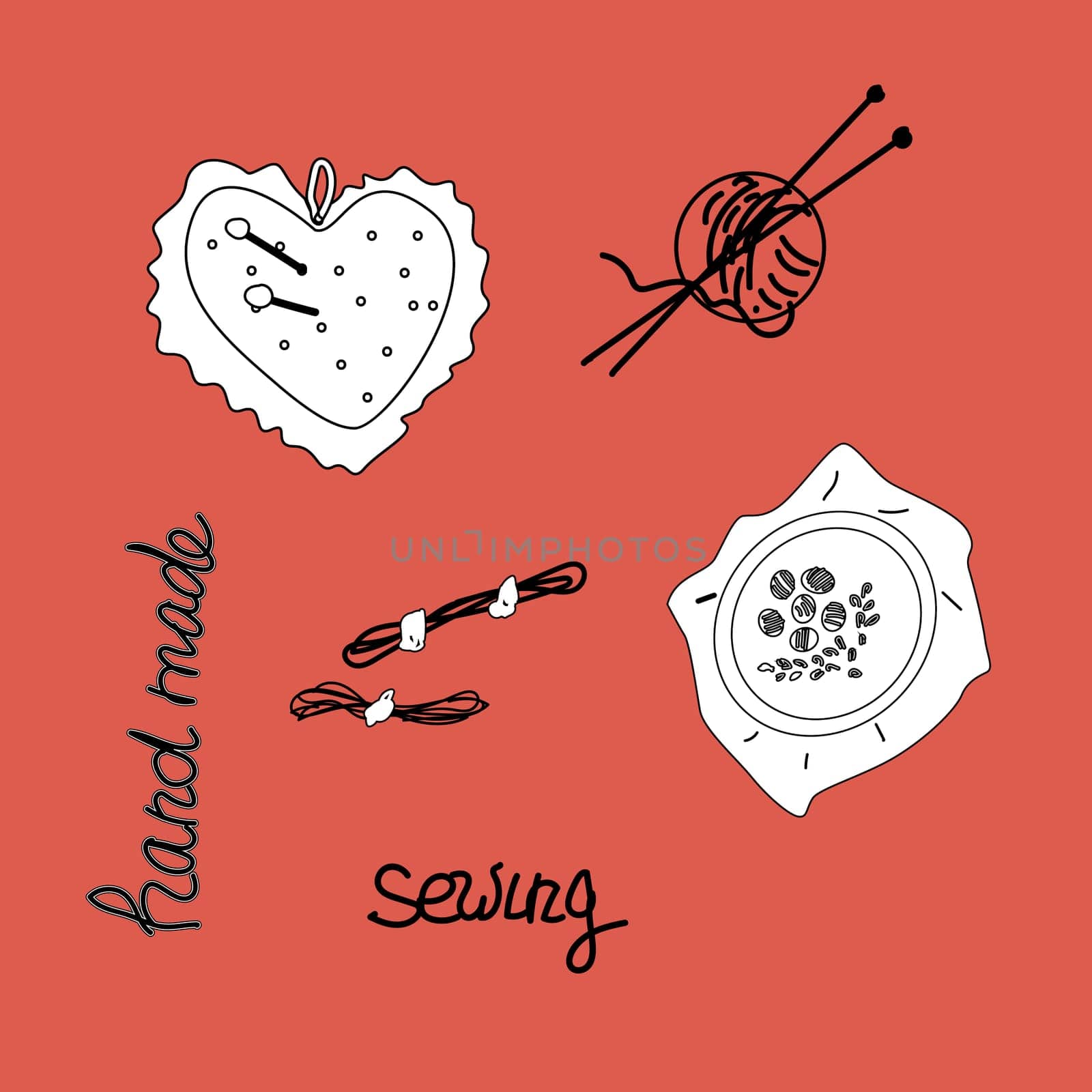 set of sewing heart and lettering Hand made, sewing , knitting. Vector illustration on red background. Hand made needlework and knitting concept background.