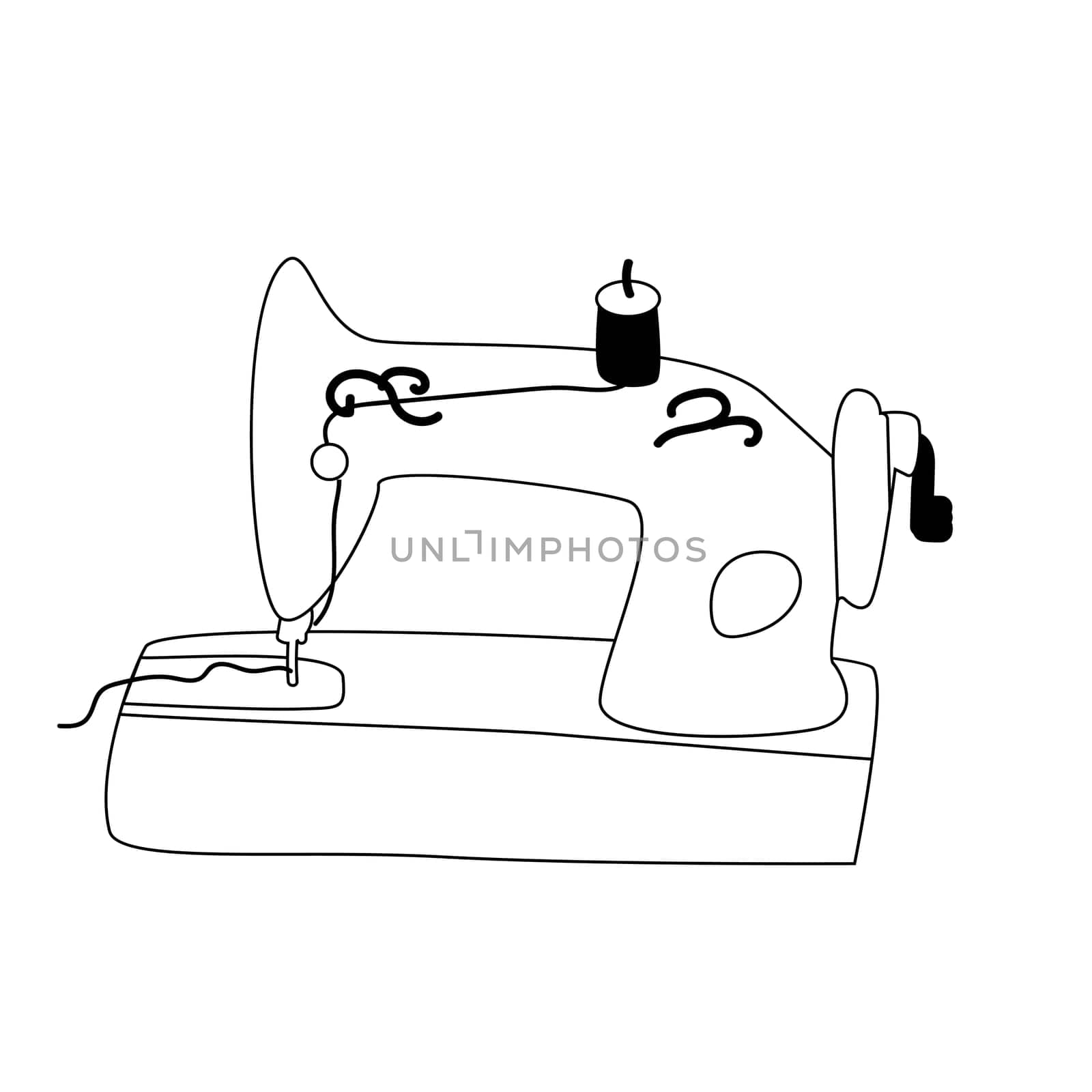 Hand drawn retro sewing machine outline icon. Vector illustration on white background. Sewing hand made concept.