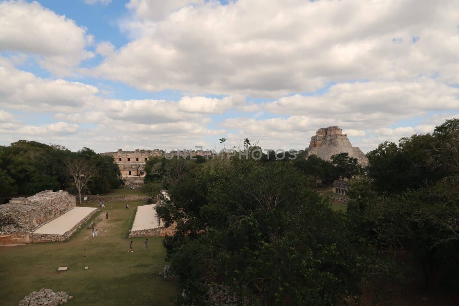 View on the Ball Game/Juego de Pelota and the Pyramid of the Magician/Piramide del Advino at Uxmal from a distance, Merida, Mexico 2022