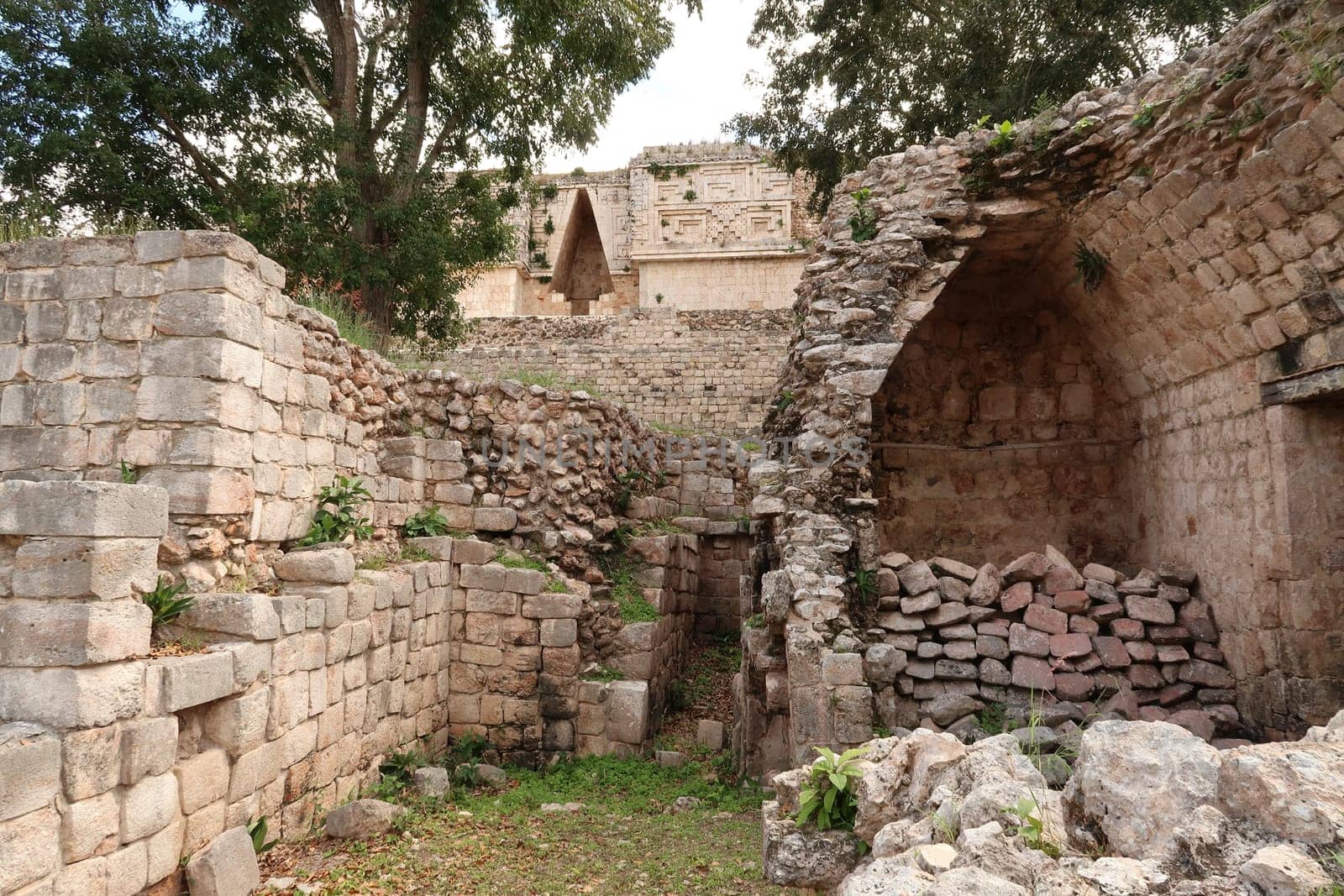 Structures and details of the Palacio del Gobernador/Governors Palace at Uxmal, close to Merida, Mexico 2022