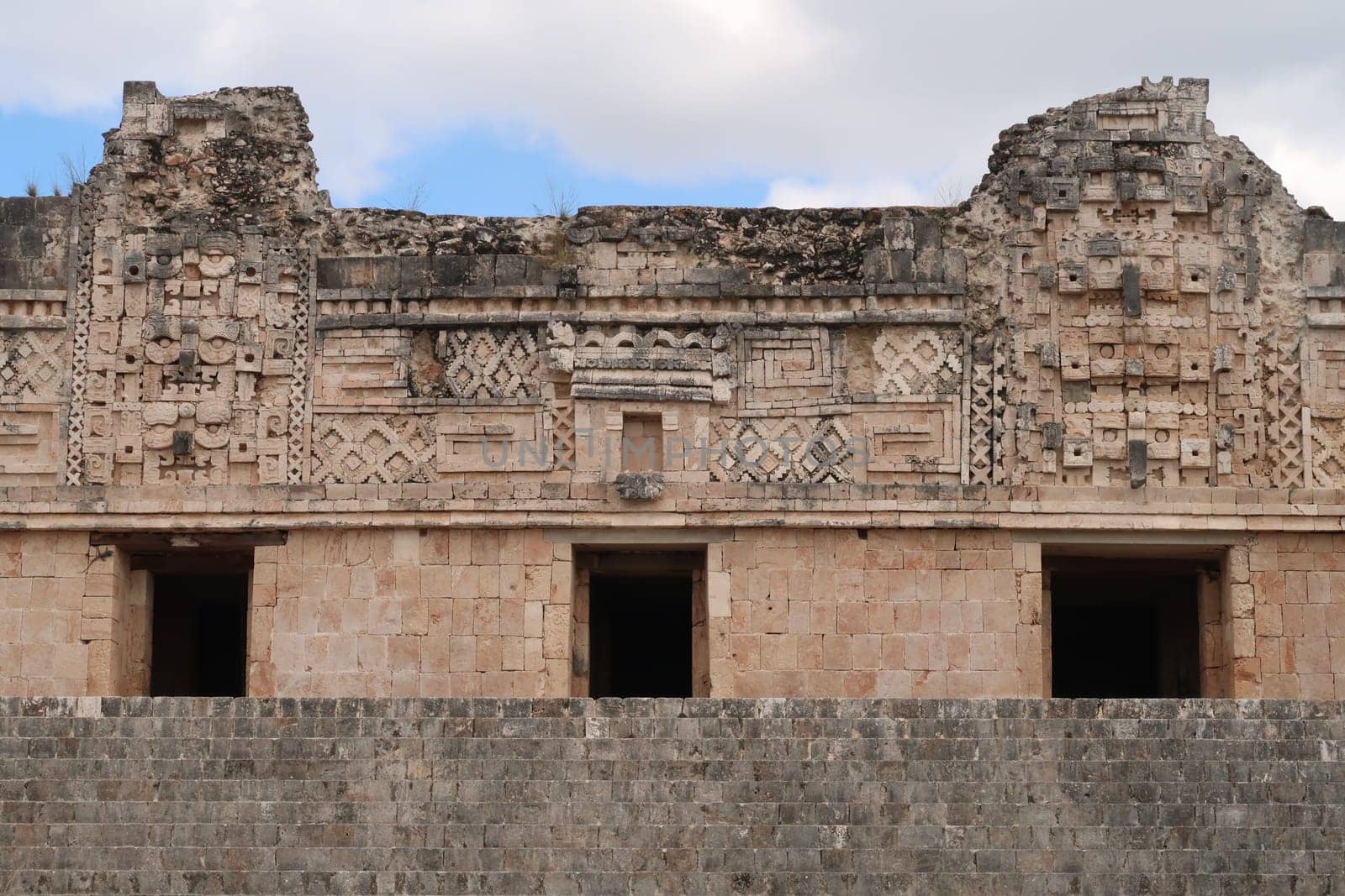 Facade of one of the buildings at the Cuadrangulo de las Monjas, Quadrangle of the Nuns, Uxmal, Merida, Mexico 2022