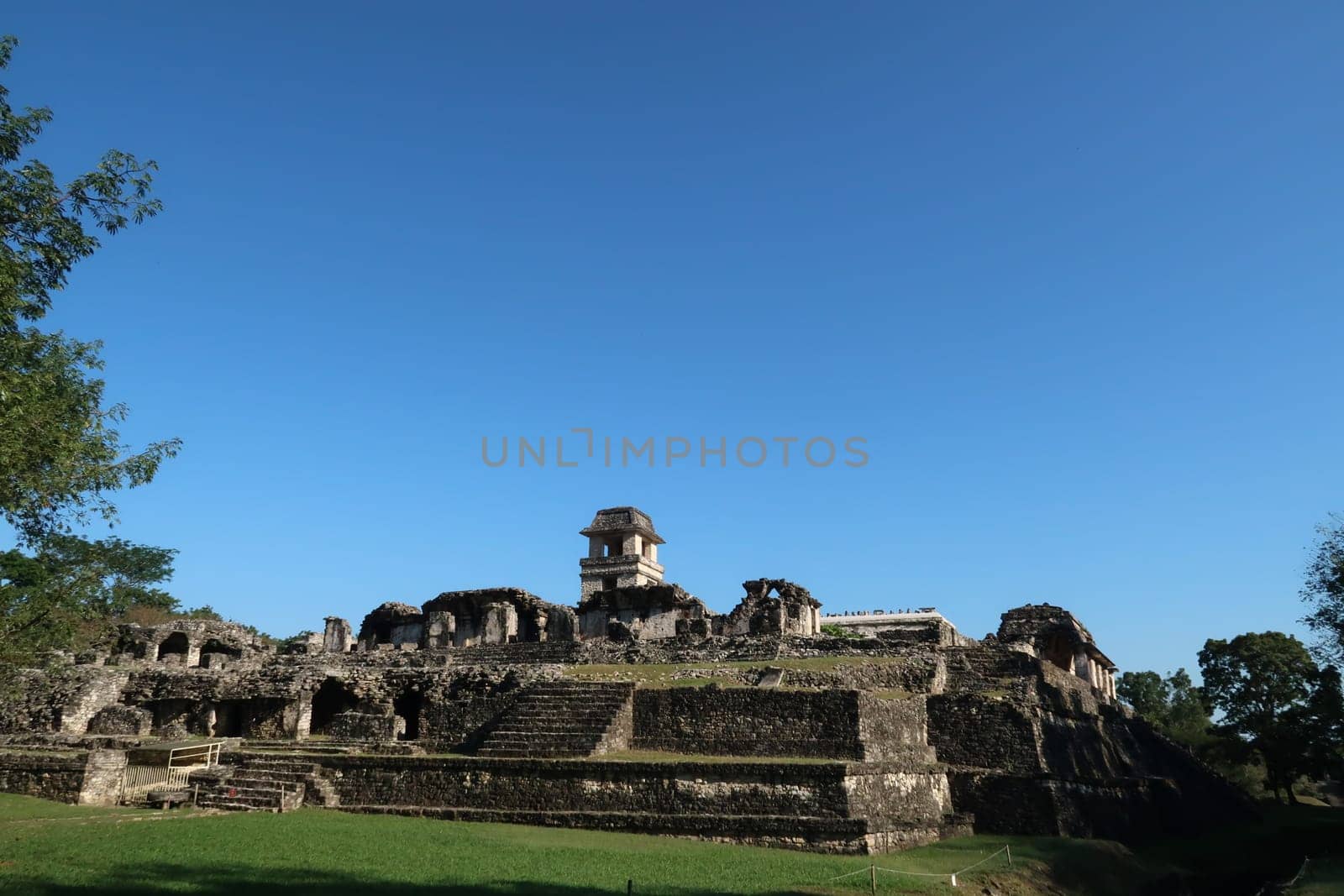 The Palace/El Palacio in the morning sun at the archaeological site of Palenque, Mexico 2022