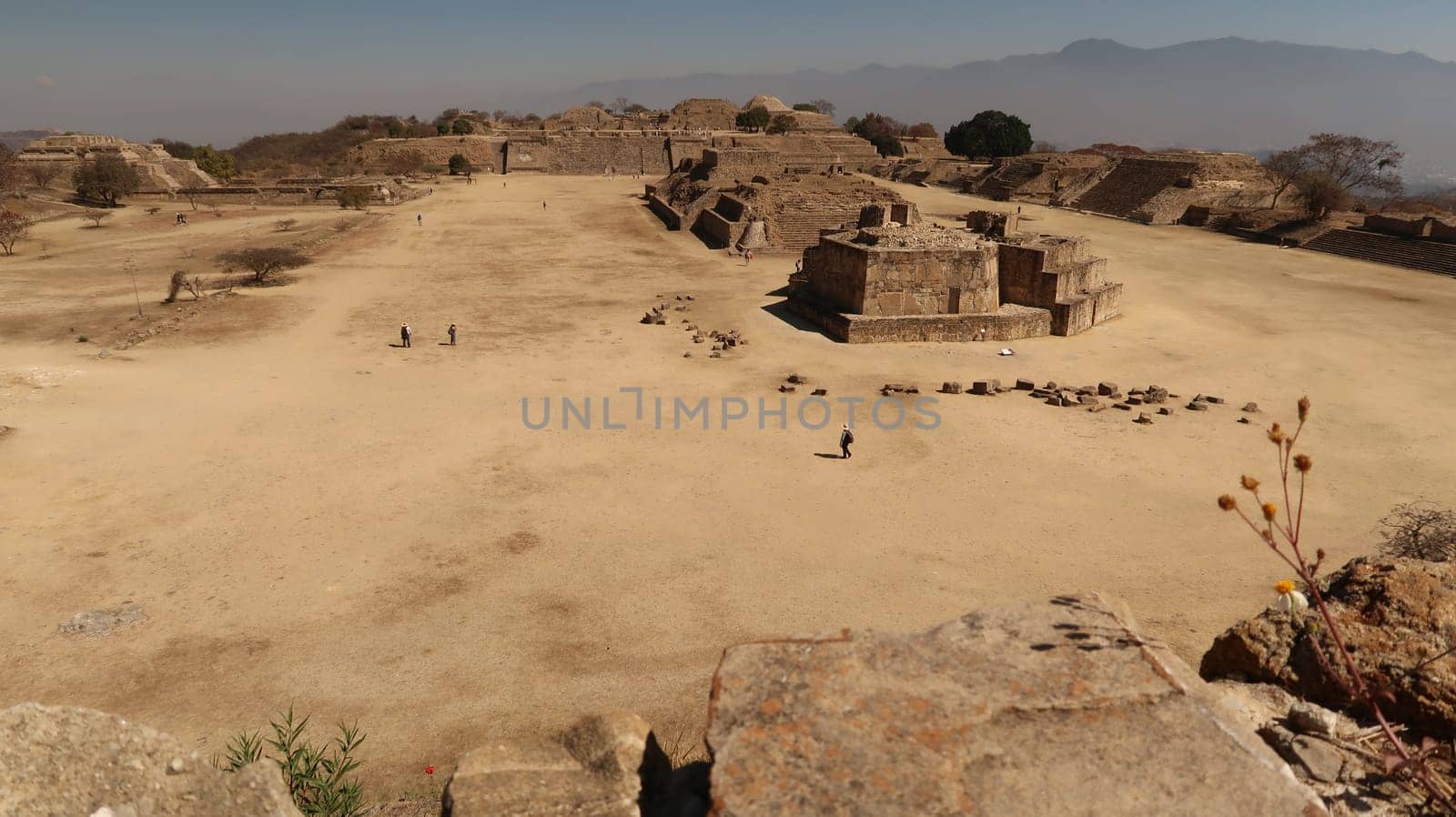 View from the top of the South Platform on the Plaza Central/Main Square/Central Plaza on the Archaeological Site of Monte Alban, Oaxaca, Mexico 2022