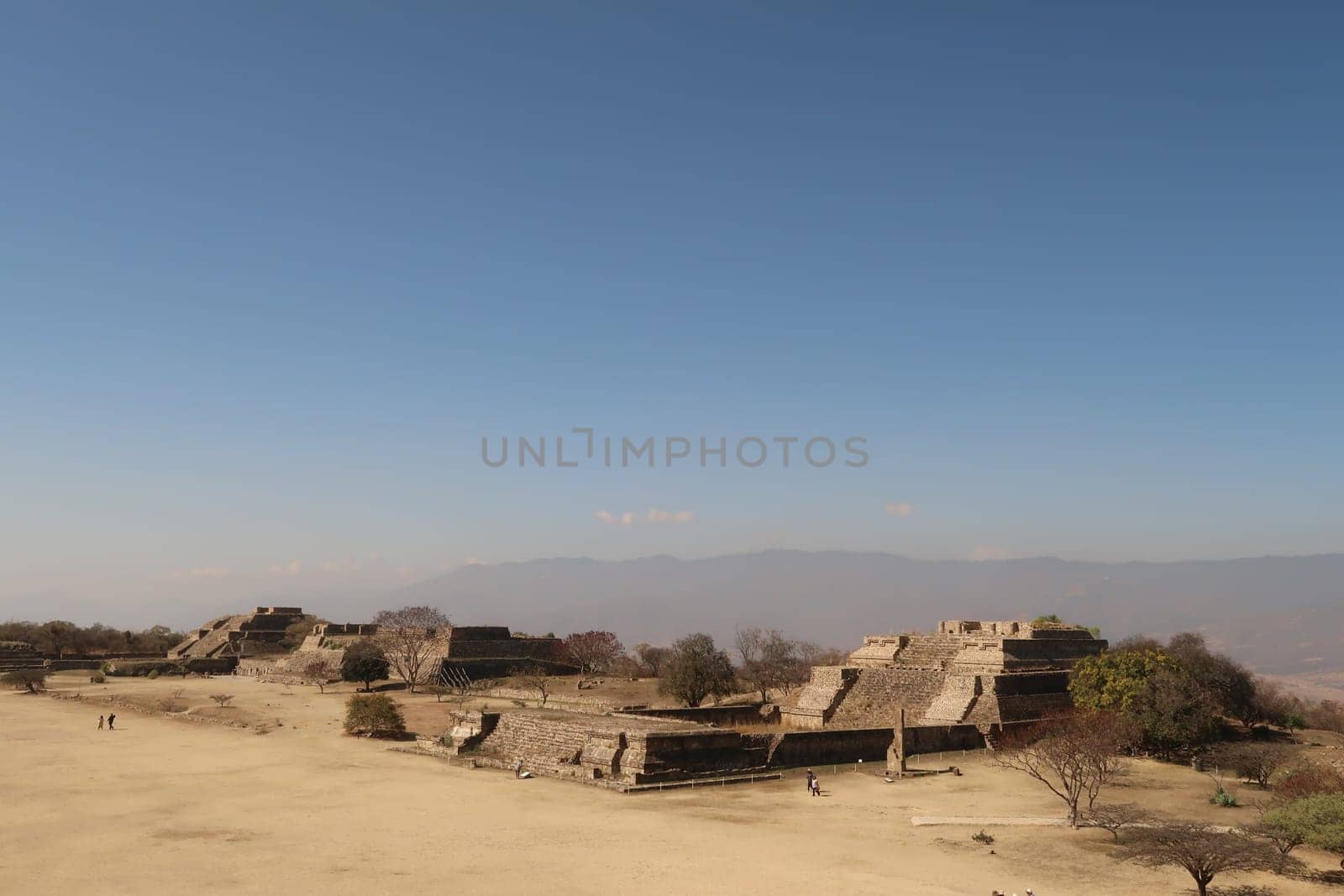 View onto the West Group and the Palace of Dancers from the North Platfrom at the archaelogical site of Monte Alban, Oaxaca, Mexico 2022
