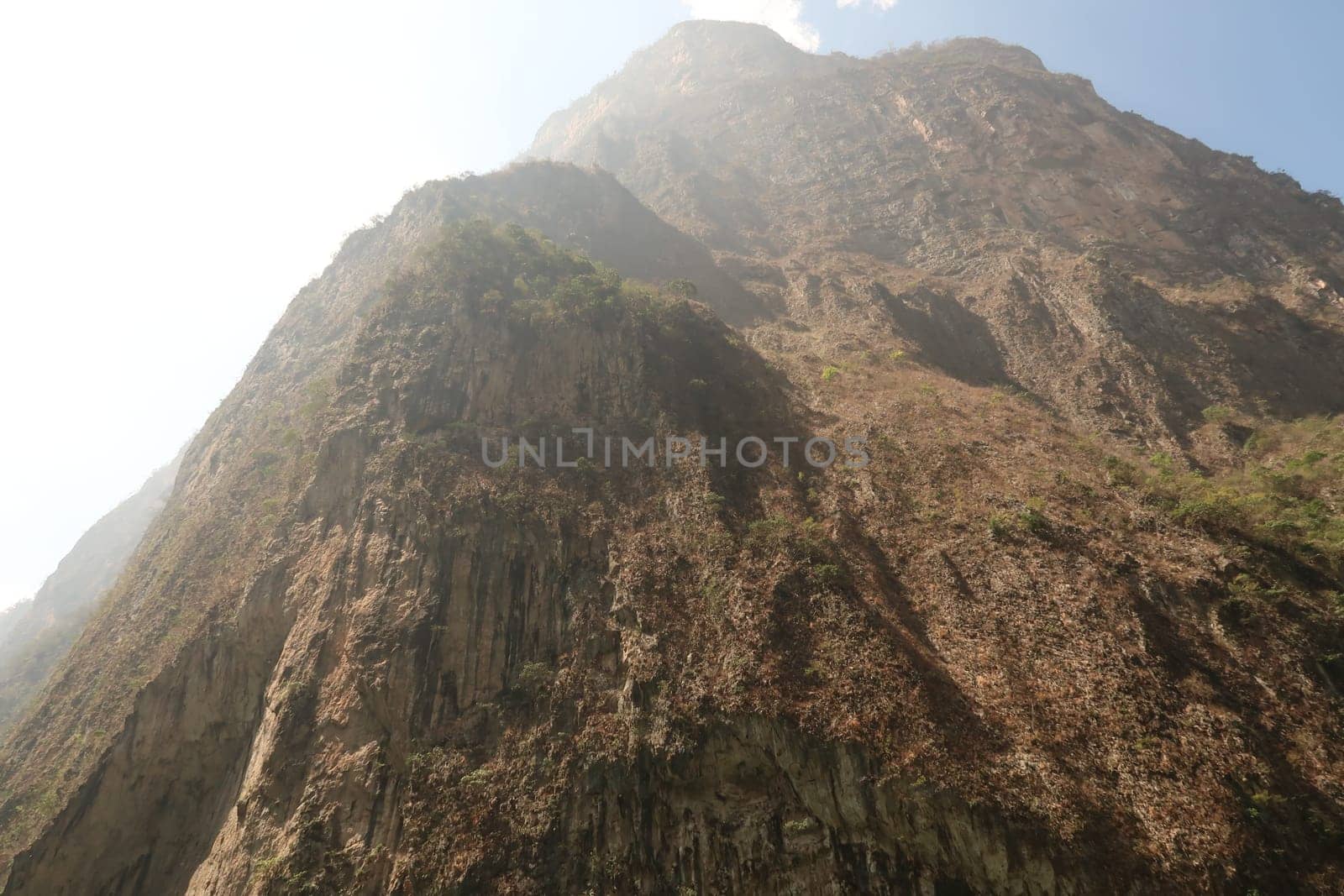 On the river of the Sumidero Canyon/Canon del Sumidero looking up on its extremely high cliffs, Chiapas, Mexico 2022