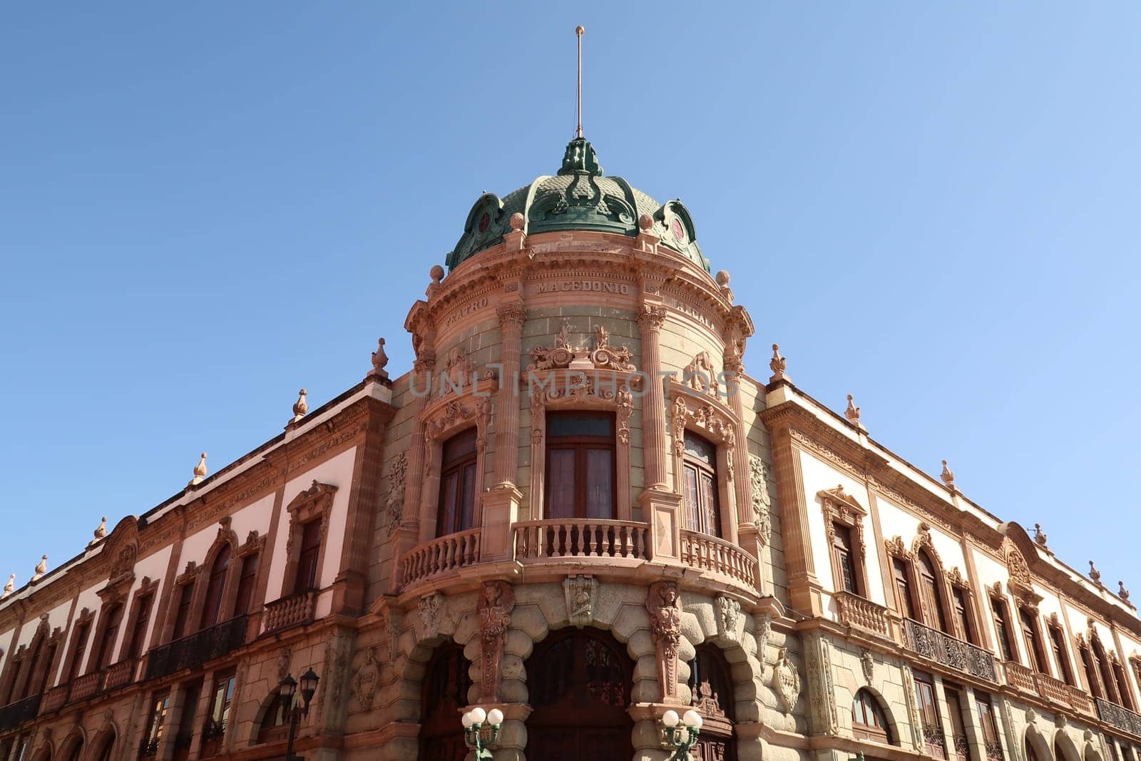 The beautiful facade of the Teatro Macedonio Alcala, performing arts theater in art nouveau style in Oaxada, Mexico 2022