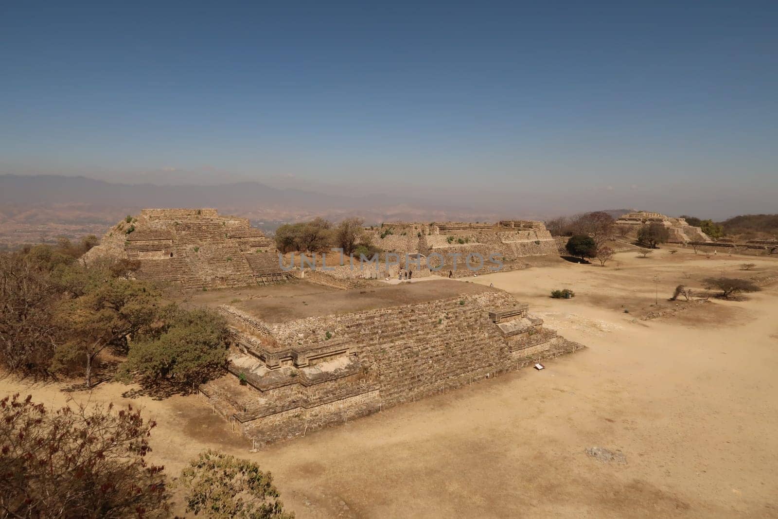 View from the South Platform onto the Gallery/Palace of the Dancers/Danzantes at the archaeological site of Monte Alban, Oaxaca, Mexico 2022