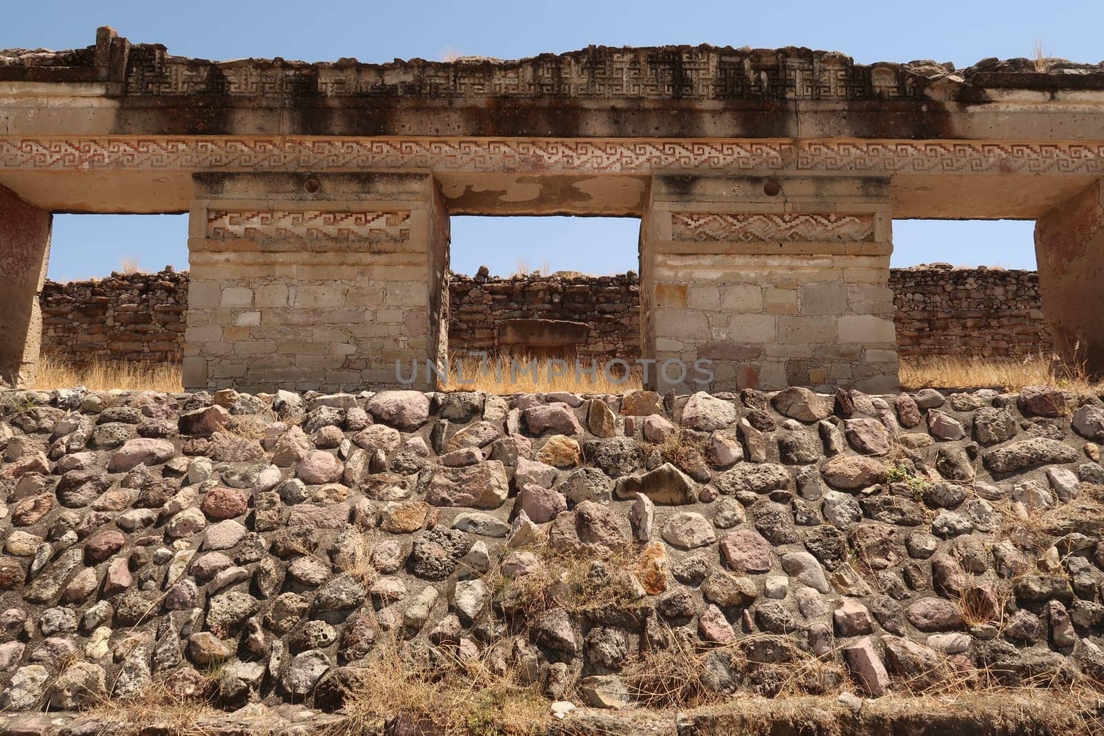Stairs, windows, doors and ornaments of a building surrounding the Southern Plaza, part of the Group of Columns, Mitla, Oaxaca, Mexico 2022
