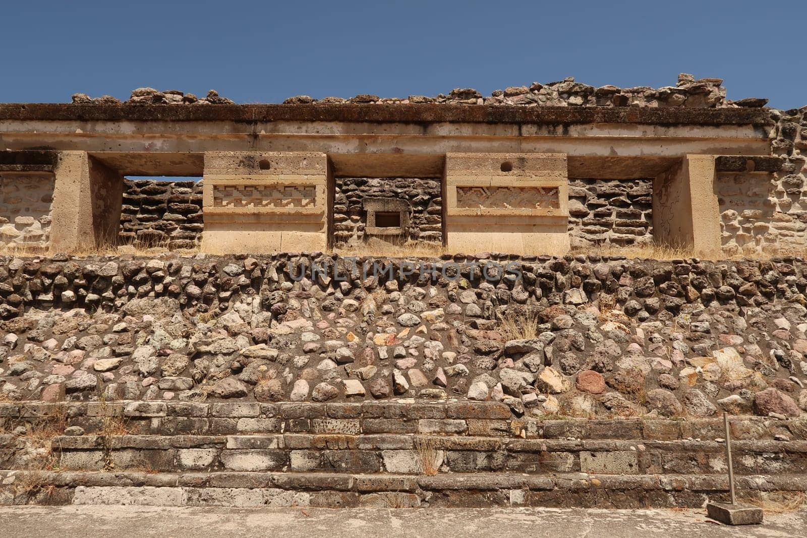 Building surrounding the southern Plaza, stairs, windows, doors and ornaments, part of the Group of Columns, Mitla, Oaxaca, Mexico 2022