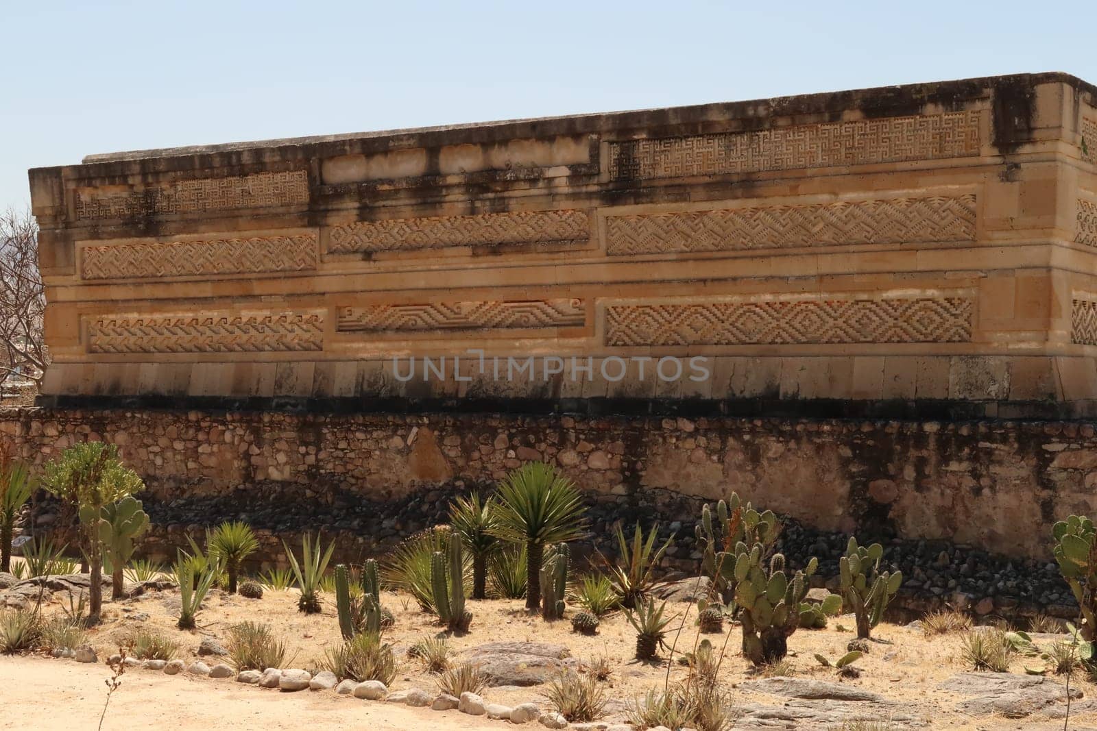 One side of The Palace/Grand Hall of Columns at the archaeological site of Mitla, Oaxaca, Mexico 2022